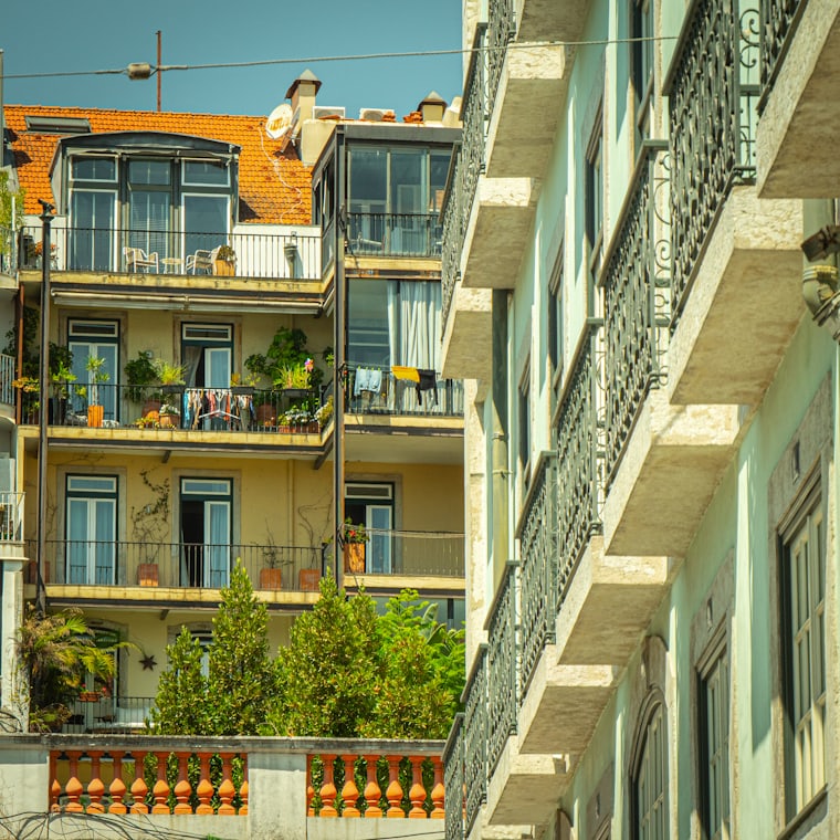 Apartment buildings with balconies near the coast